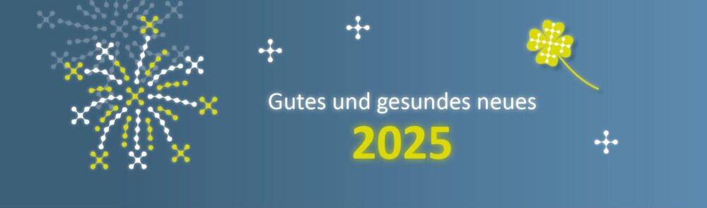 Grafischer Neujahrsgruß der Wirtschaftsförderungsgesellschaft Südwestpfalz mit der Aufschrift „Gutes und gesundes neues 2025“ auf blauem Hintergrund. Links ist ein stilisiertes Feuerwerk aus weißen und gelben Punkten zu sehen, rechts ein gelbes Kleeblatt.